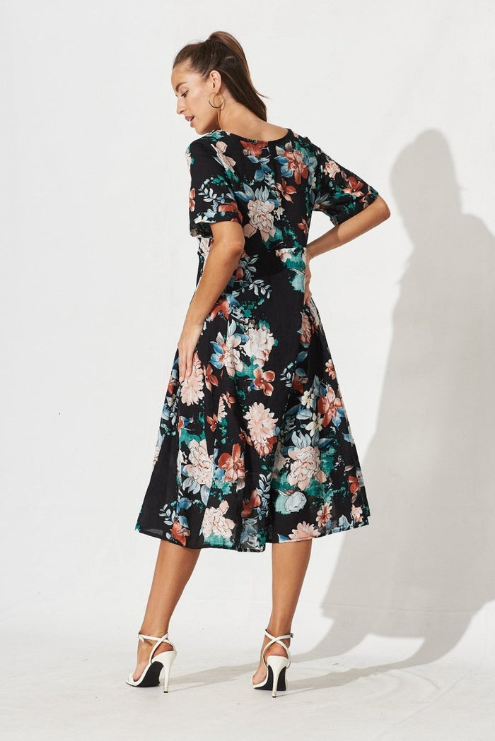 Chalton Midi Dress In Black Floral Cotton - St Frock (Dev)
