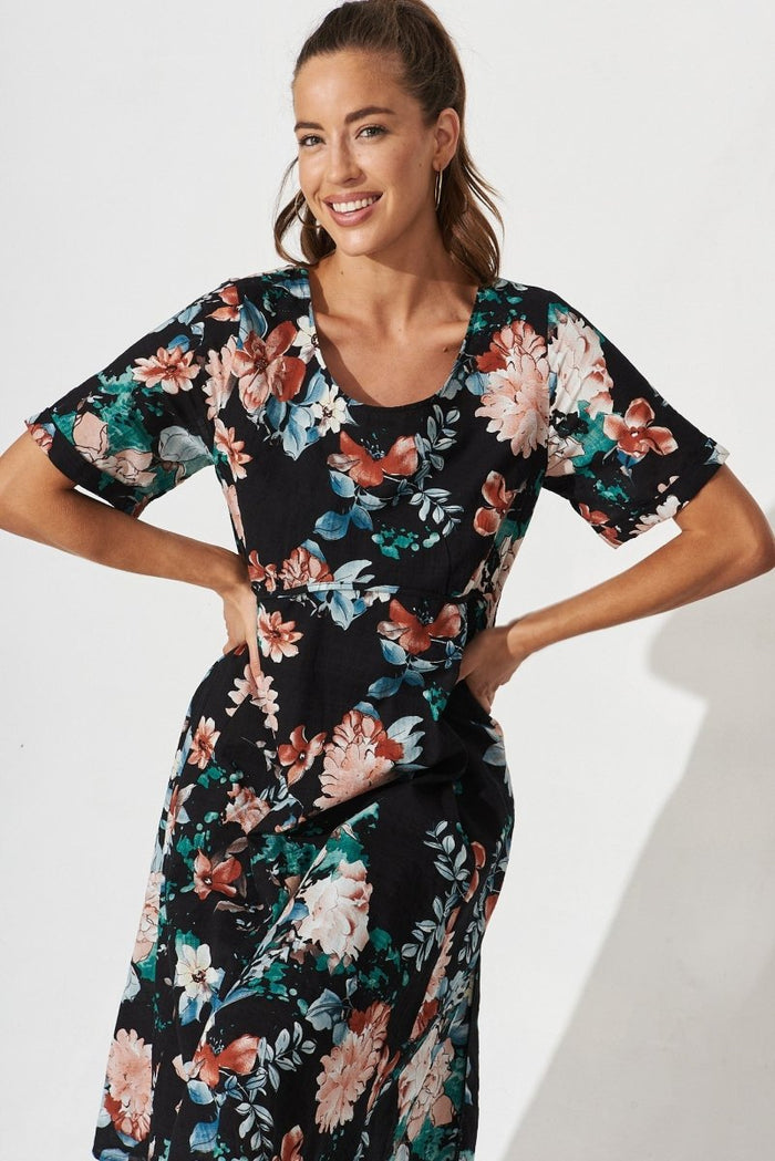 Chalton Midi Dress In Black Floral Cotton - St Frock (Dev)