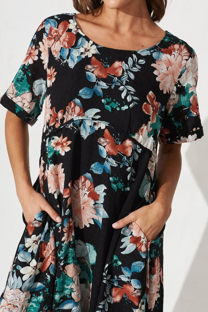 Chalton Midi Dress In Black Floral Cotton - St Frock (Dev)