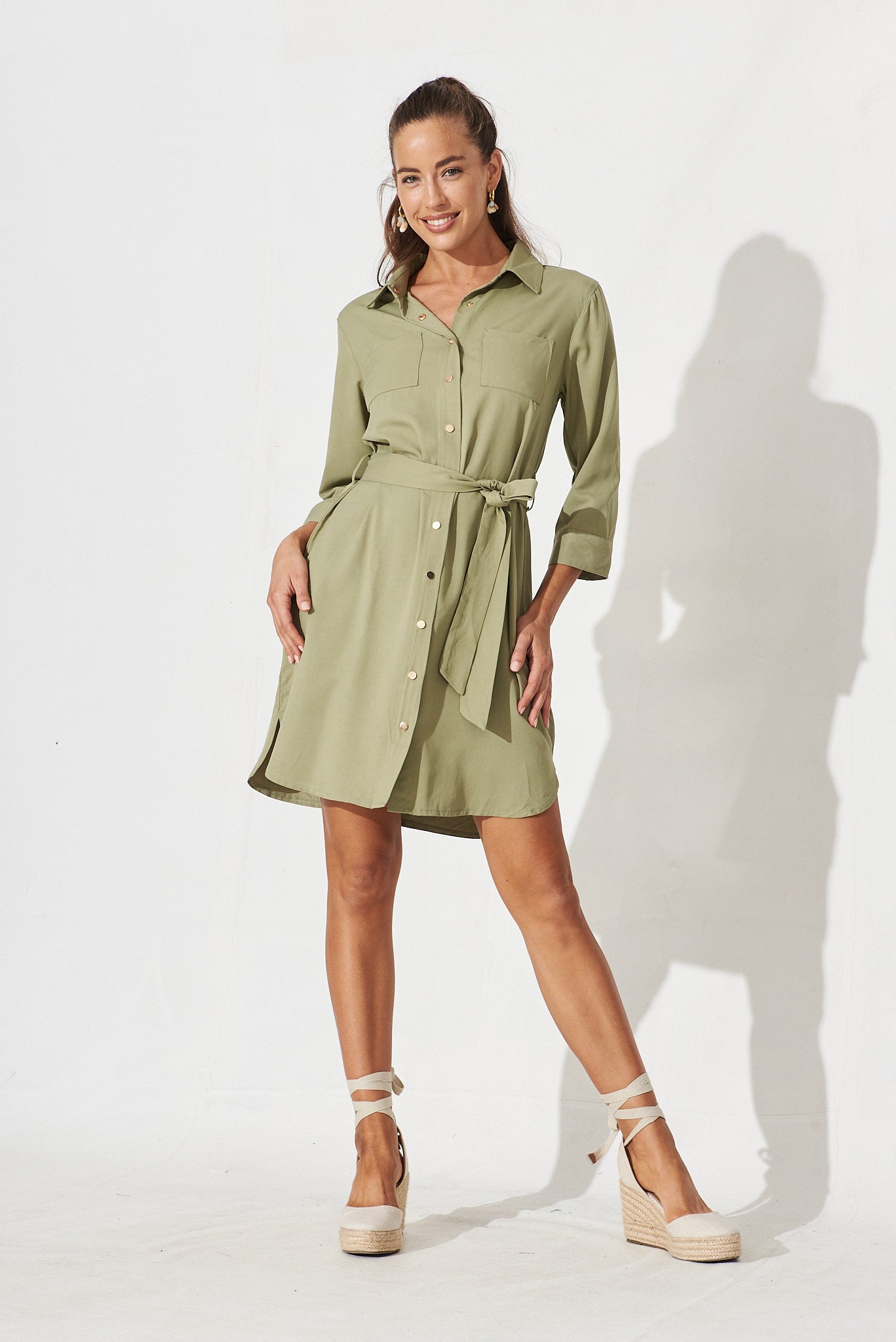 Repton Shirt Dress In Khaki - full length
