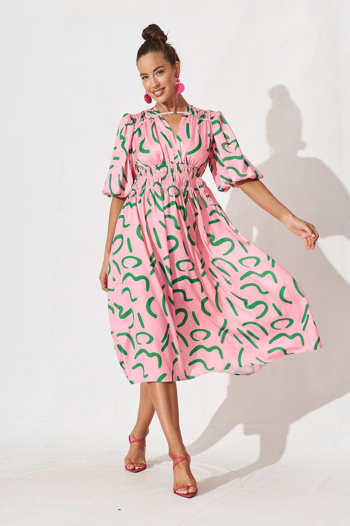 Ilina Midi Dress In Pink With Green Abstract Print - full length
