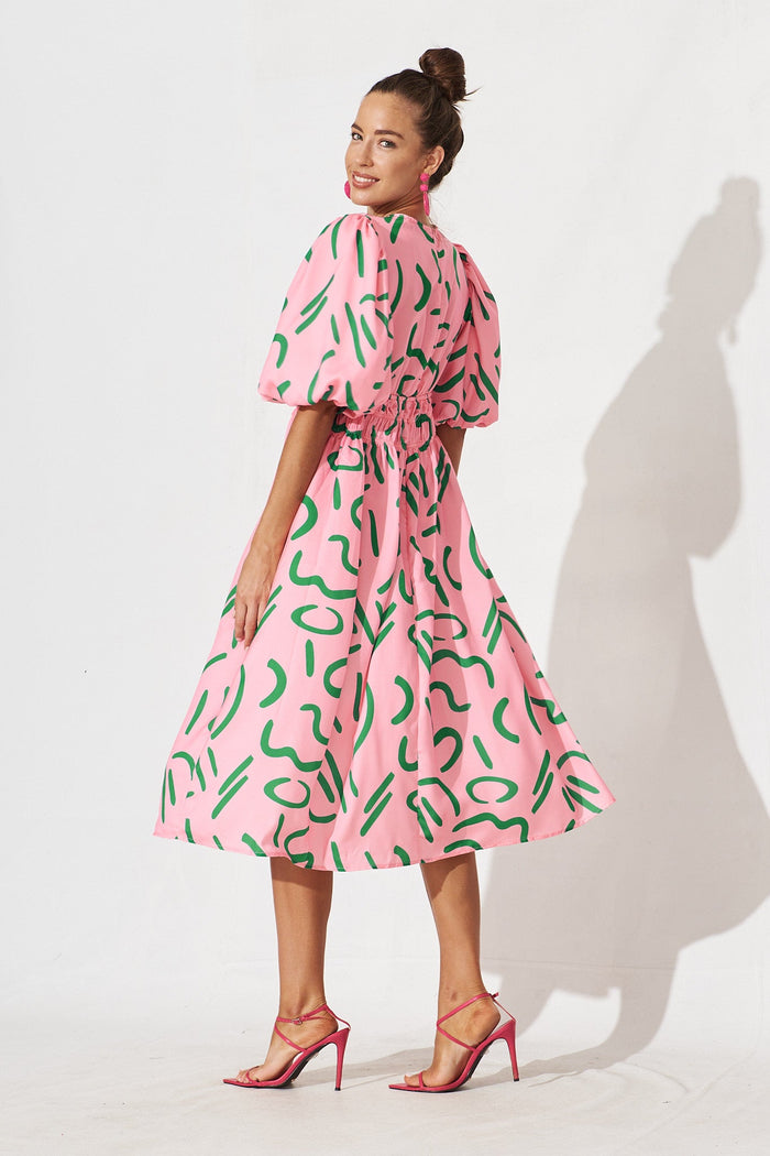 Ilina Midi Dress In Pink With Green Abstract Print - side