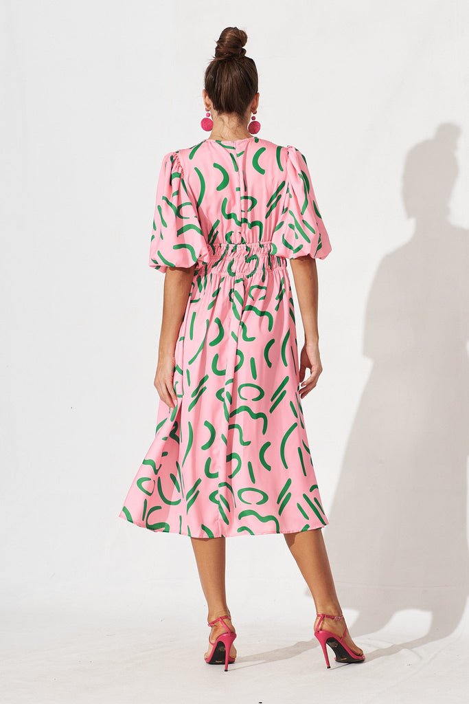 Ilina Midi Dress In Pink With Green Abstract Print - back