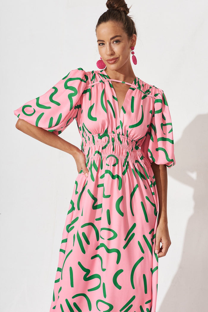 Ilina Midi Dress In Pink With Green Abstract Print - front