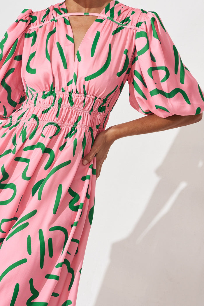 Ilina Midi Dress In Pink With Green Abstract Print - detail