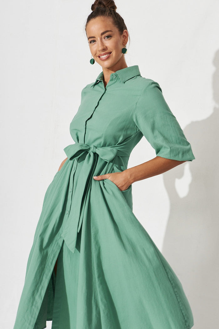 Angelica Midi Dress In Green Cotton - front