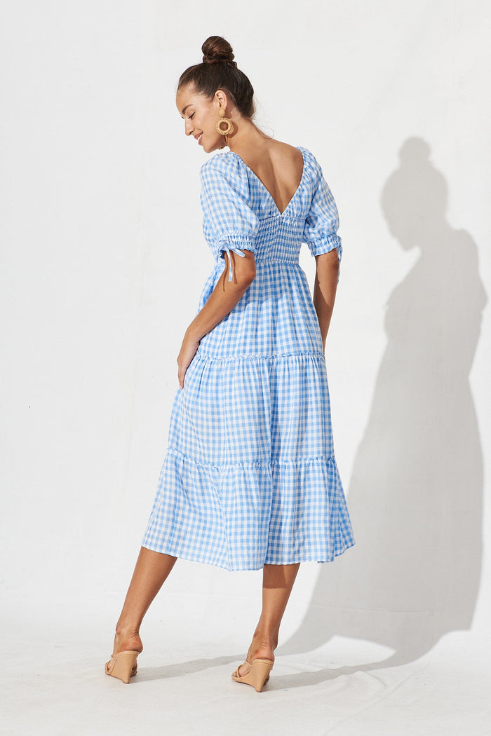 Tayah Midi Dress In Blue Gingham Cotton Blend - back