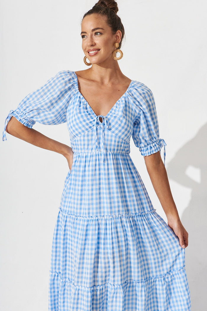 Tayah Midi Dress In Blue Gingham Cotton Blend - front