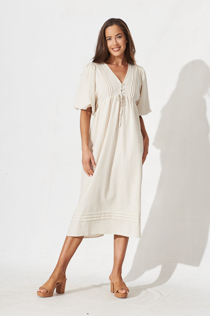 Esther Midi Dress In Beige Linen Blend - full length