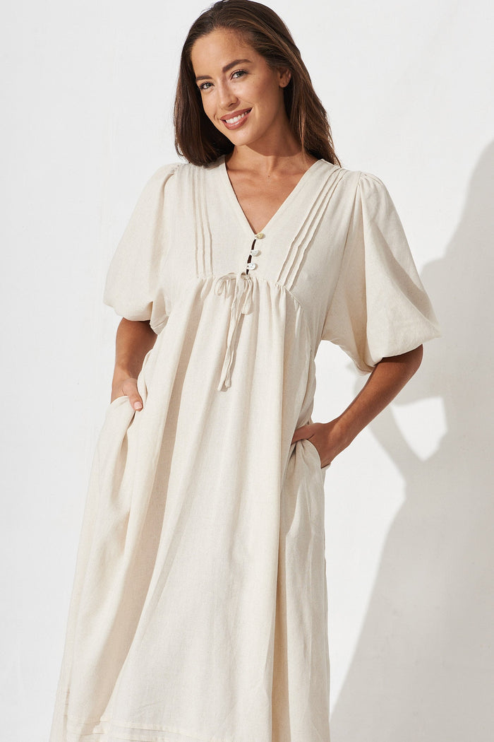 Esther Midi Dress In Beige Linen Blend - front