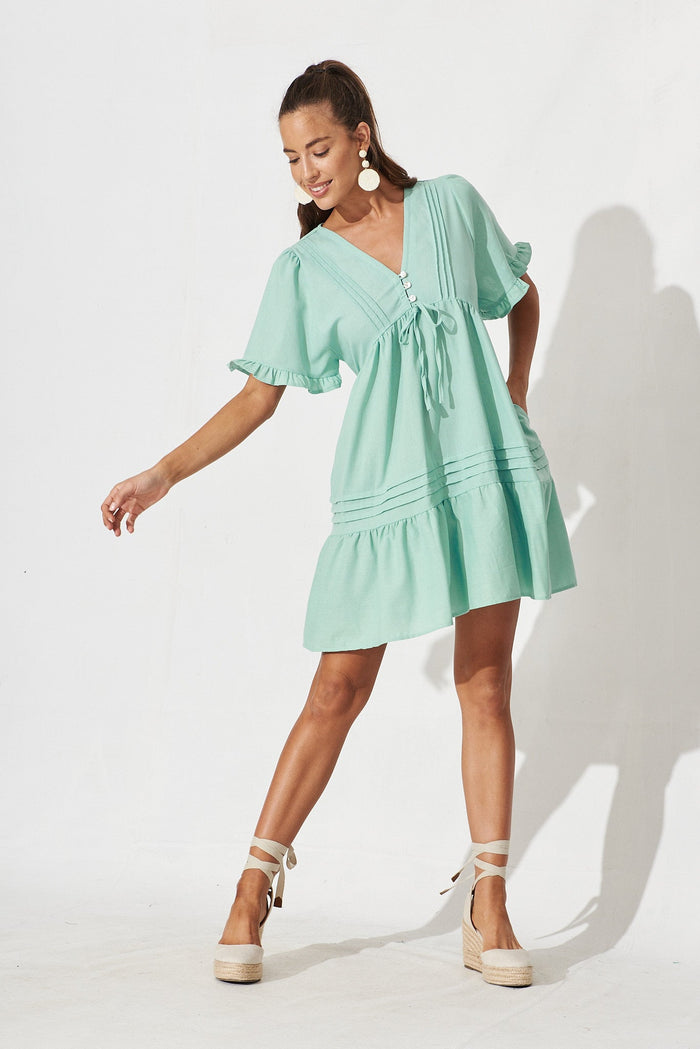 Everley Dress In Aqua Blue Linen Blend - full length