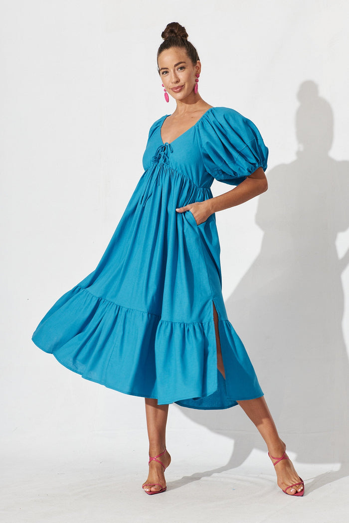 Dayne Midi Dress In Blue Linen Blend - full length
