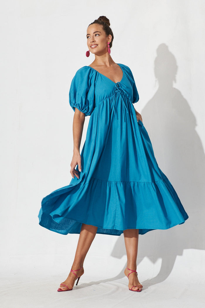 Dayne Midi Dress In Blue Linen Blend - full length