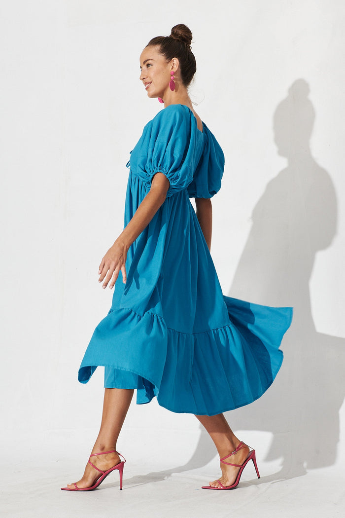 Dayne Midi Dress In Blue Linen Blend - side