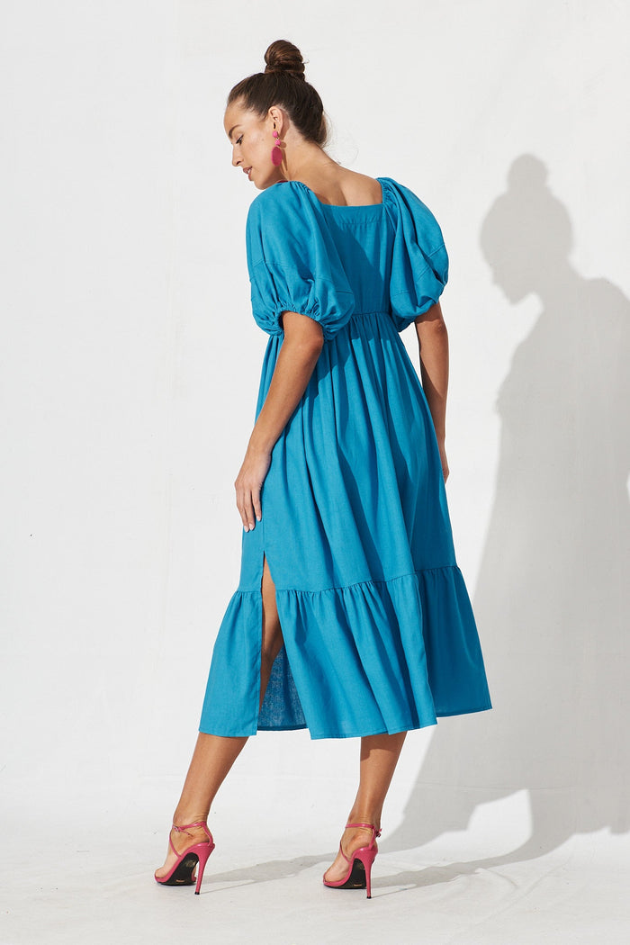 Dayne Midi Dress In Blue Linen Blend - back
