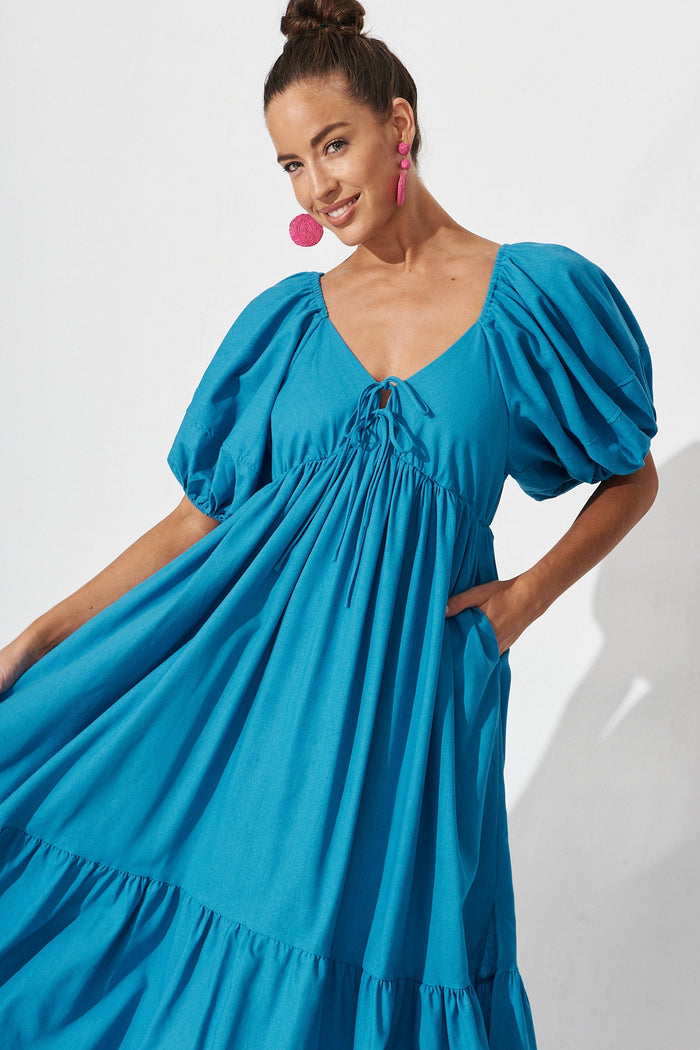 Dayne Midi Dress In Blue Linen Blend - front