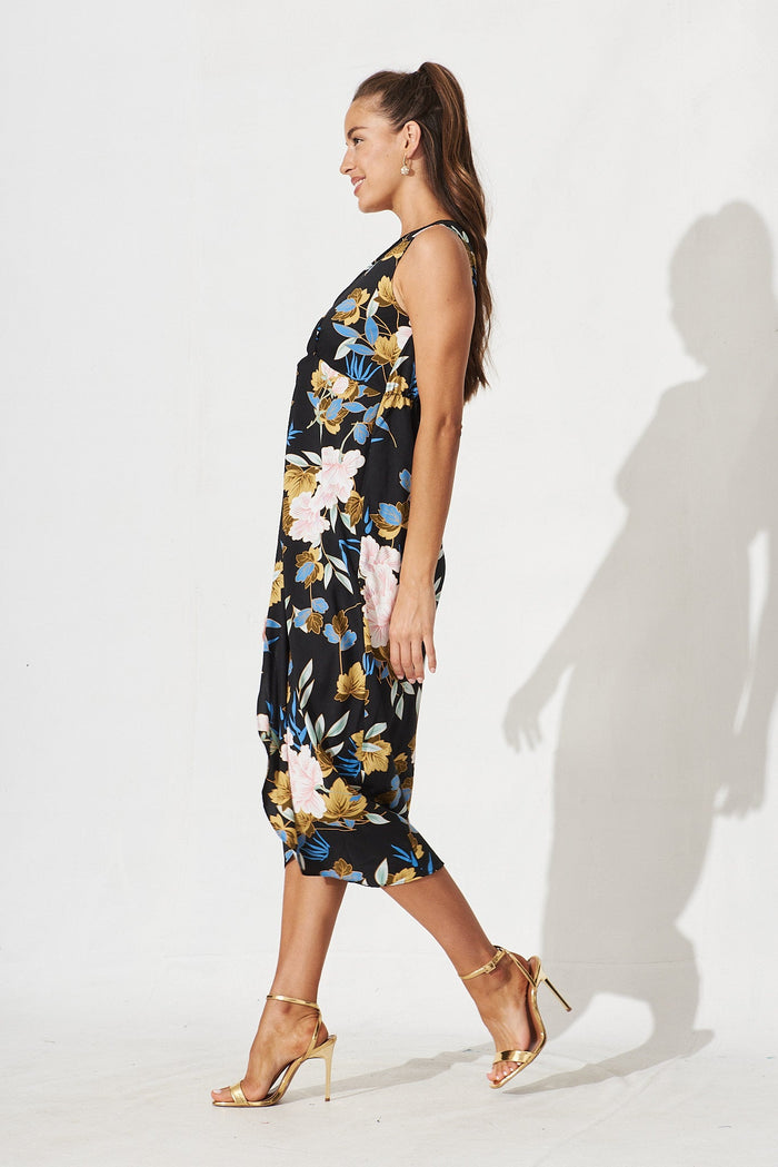Annely Midi Dress In Black Floral Satin - side