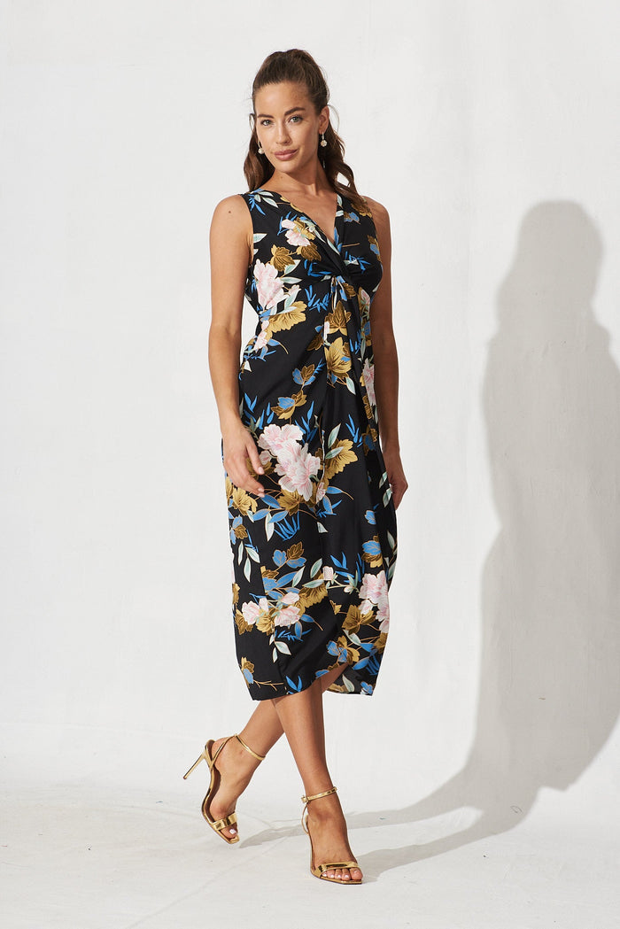Annely Midi Dress In Black Floral Satin - full length