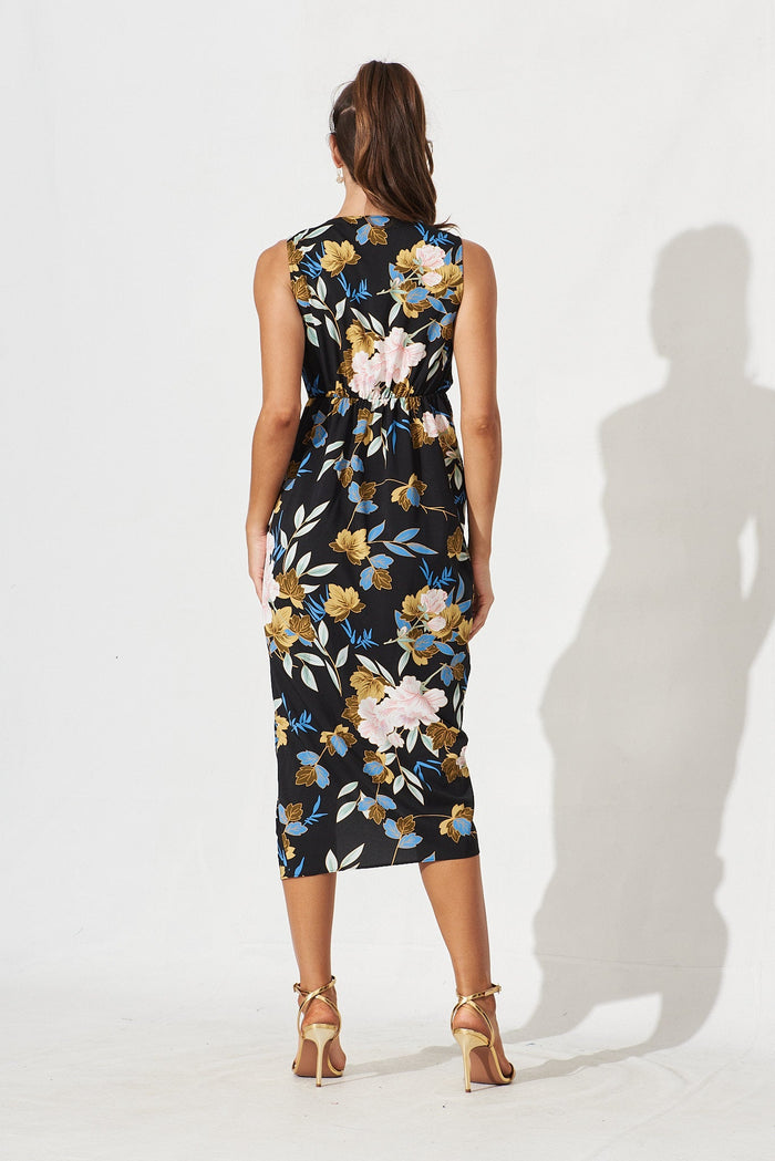 Annely Midi Dress In Black Floral Satin - back