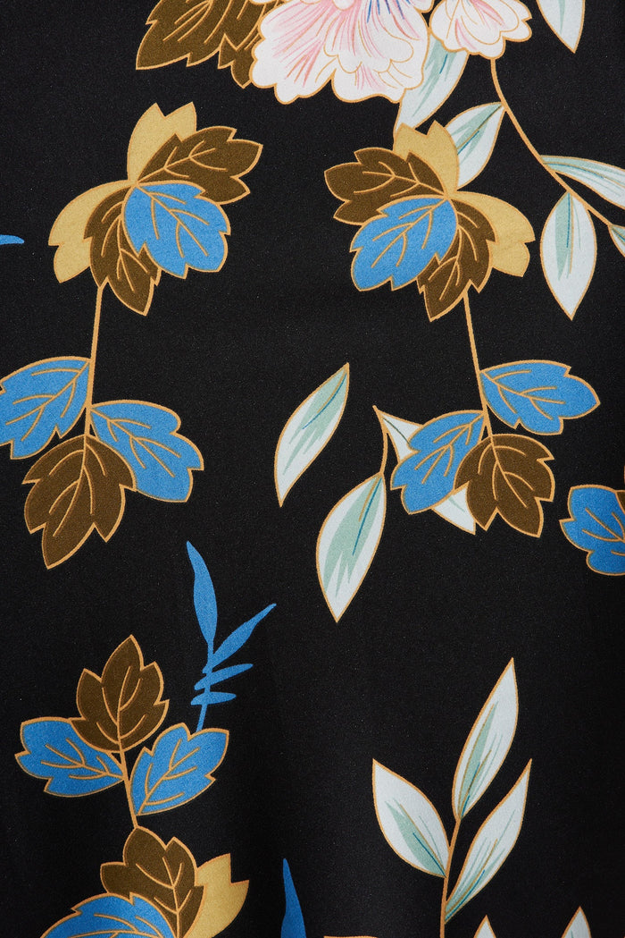 Annely Midi Dress In Black Floral Satin - fabric