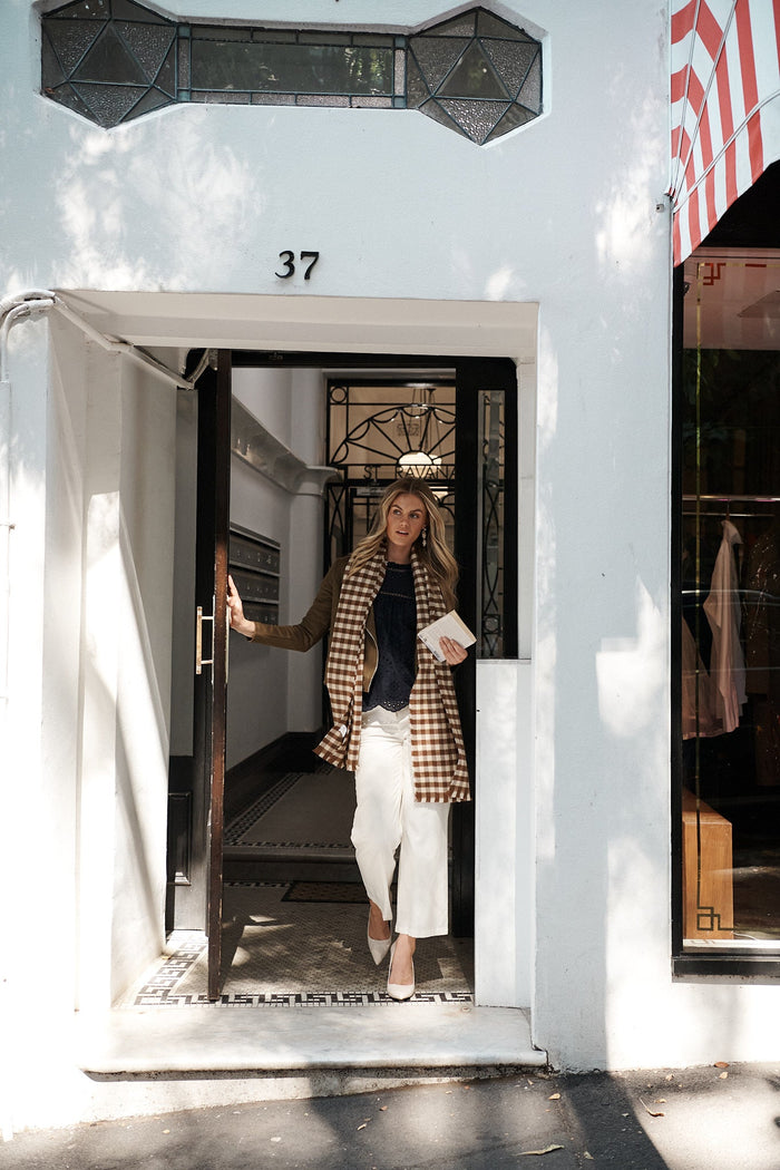 August + Delilah Aubrey Knit Scarf In Chocolate Gingham - St Frock (Dev)