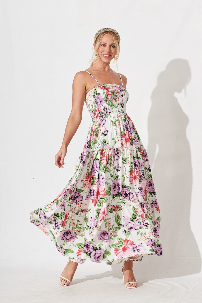 Desert Dream Maxi Dress In White With Multi Floral - full length