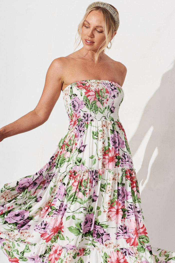 Desert Dream Maxi Dress In White With Multi Floral - front