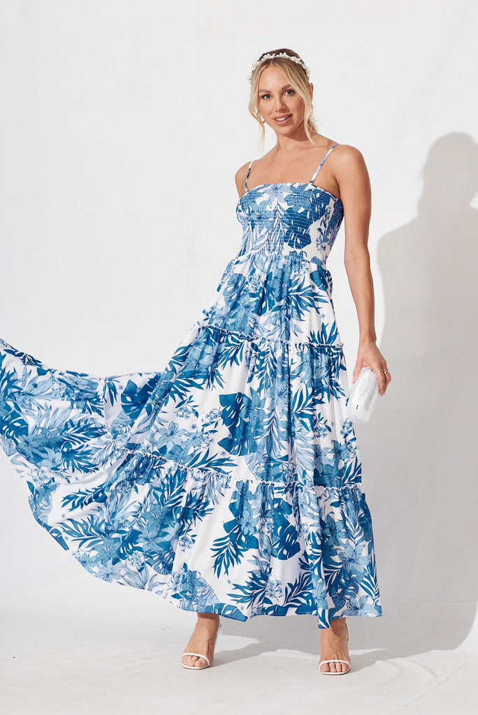 Saphira Maxi Dress In White With Cobalt Leaf Print - full length
