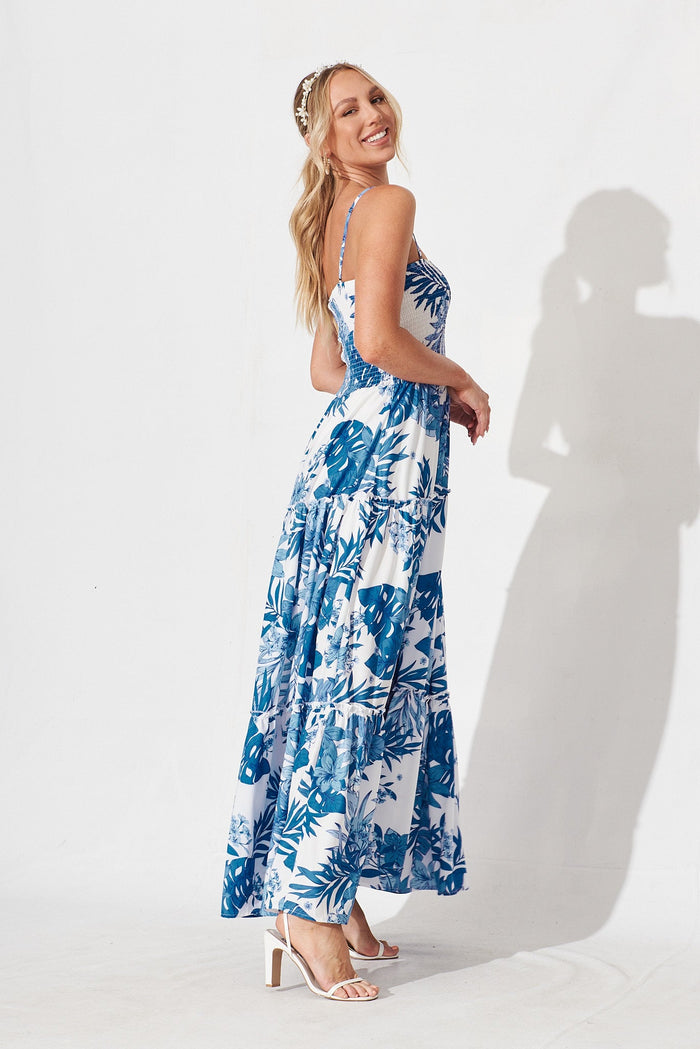 Saphira Maxi Dress In White With Cobalt Leaf Print - side