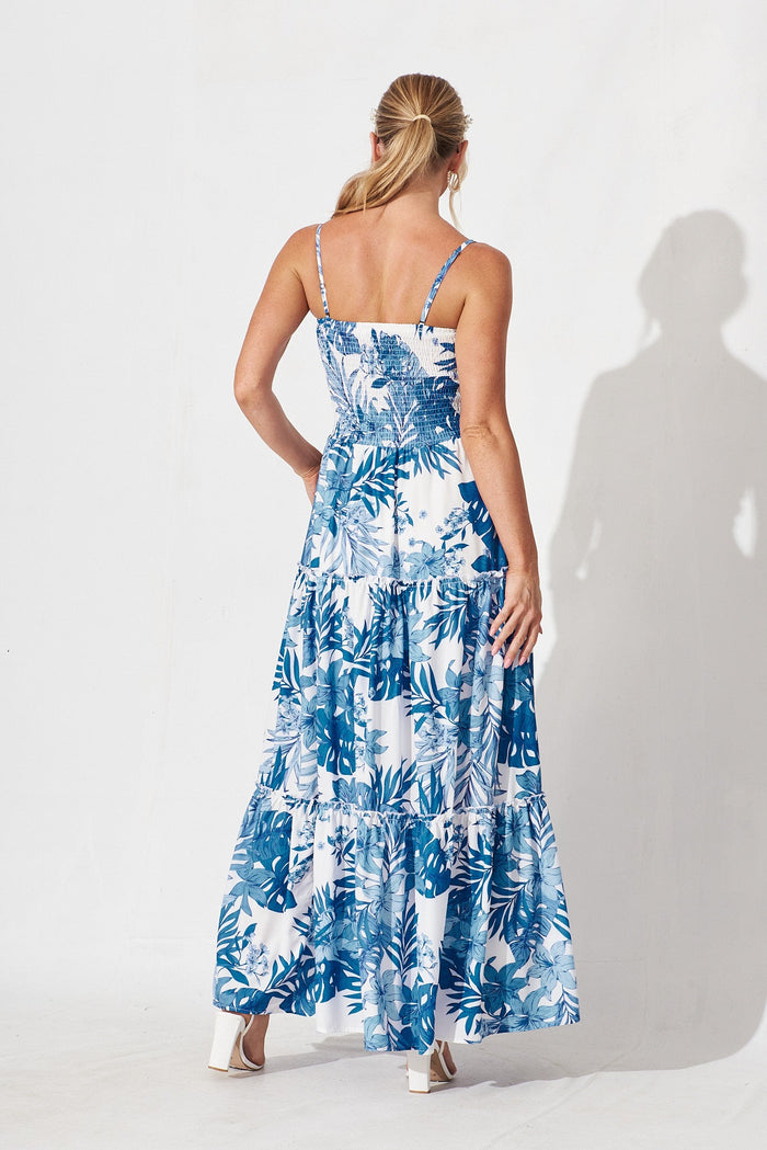 Saphira Maxi Dress In White With Cobalt Leaf Print - back