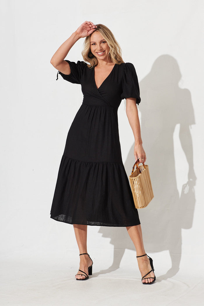 Heather Midi Dress In Black Linen Blend - full length