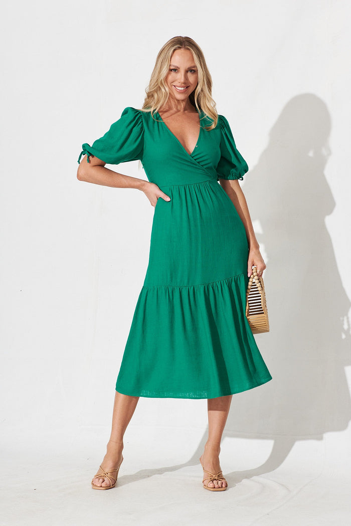Heather Midi Dress In Green Linen Blend - full length