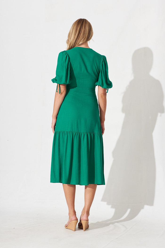 Heather Midi Dress In Green Linen Blend - back