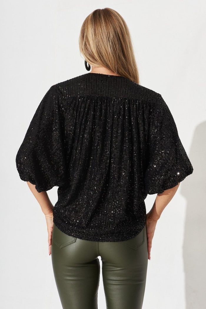 Celebration Sequin Mock Wrap Top In Black - St Frock (Dev)