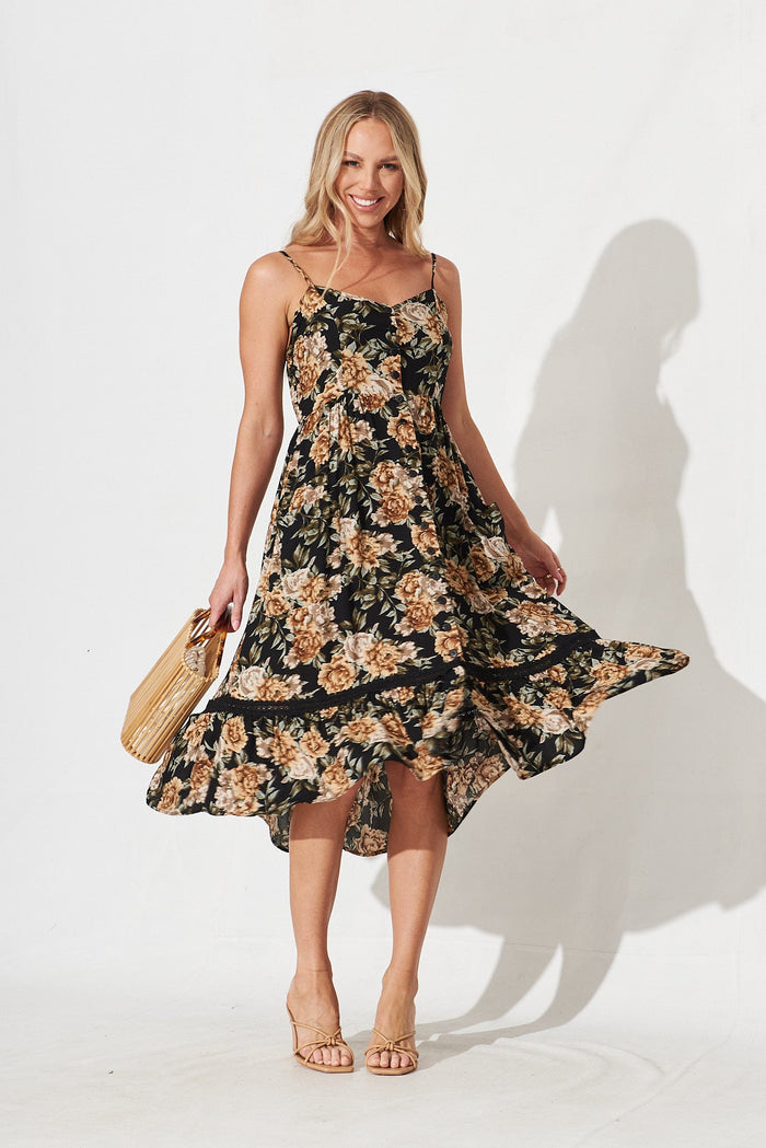 Jezza Midi Dress In Black With Beige Floral - full length