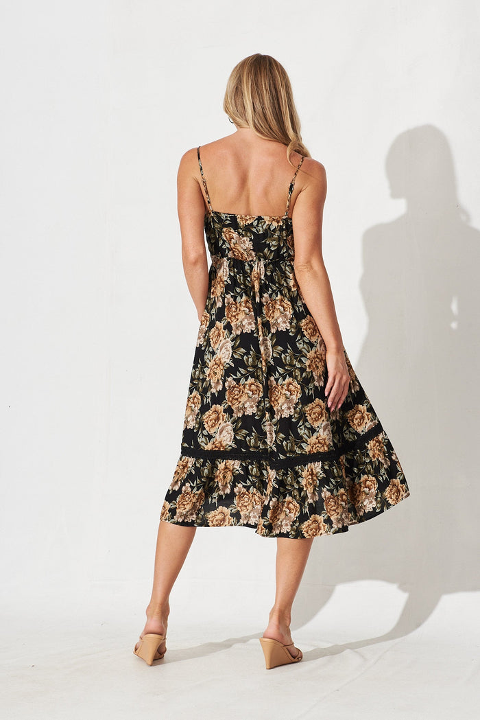 Jezza Midi Dress In Black With Beige Floral - back