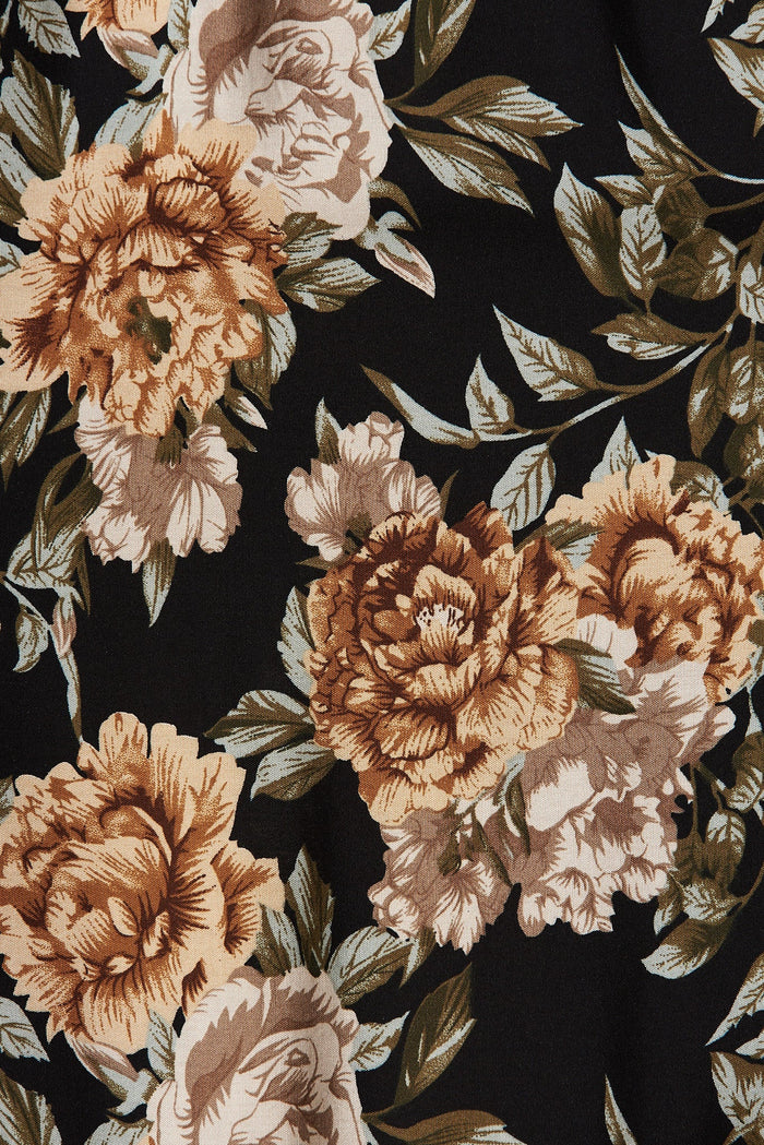Jezza Midi Dress In Black With Beige Floral - fabric