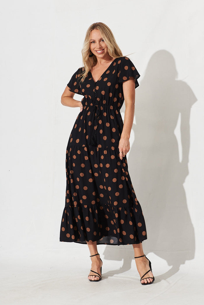 Elxi Maxi Dress In Black With Brown Spot - full length