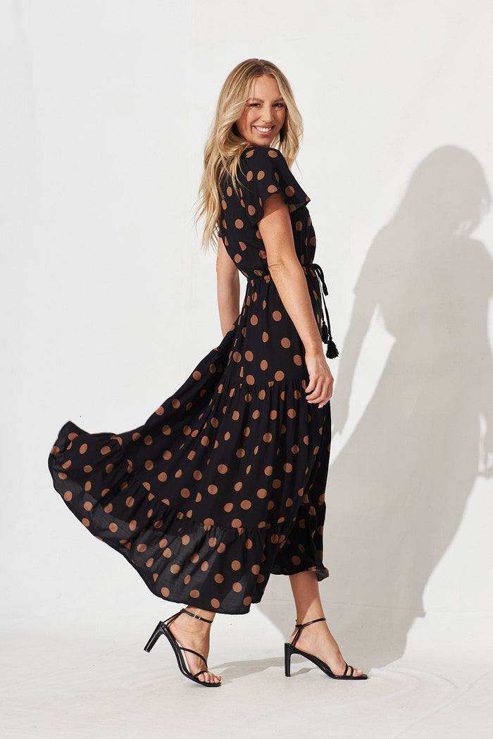 Elxi Maxi Dress In Black With Brown Spot - side