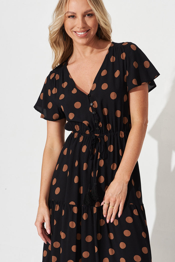 Elxi Maxi Dress In Black With Brown Spot - front