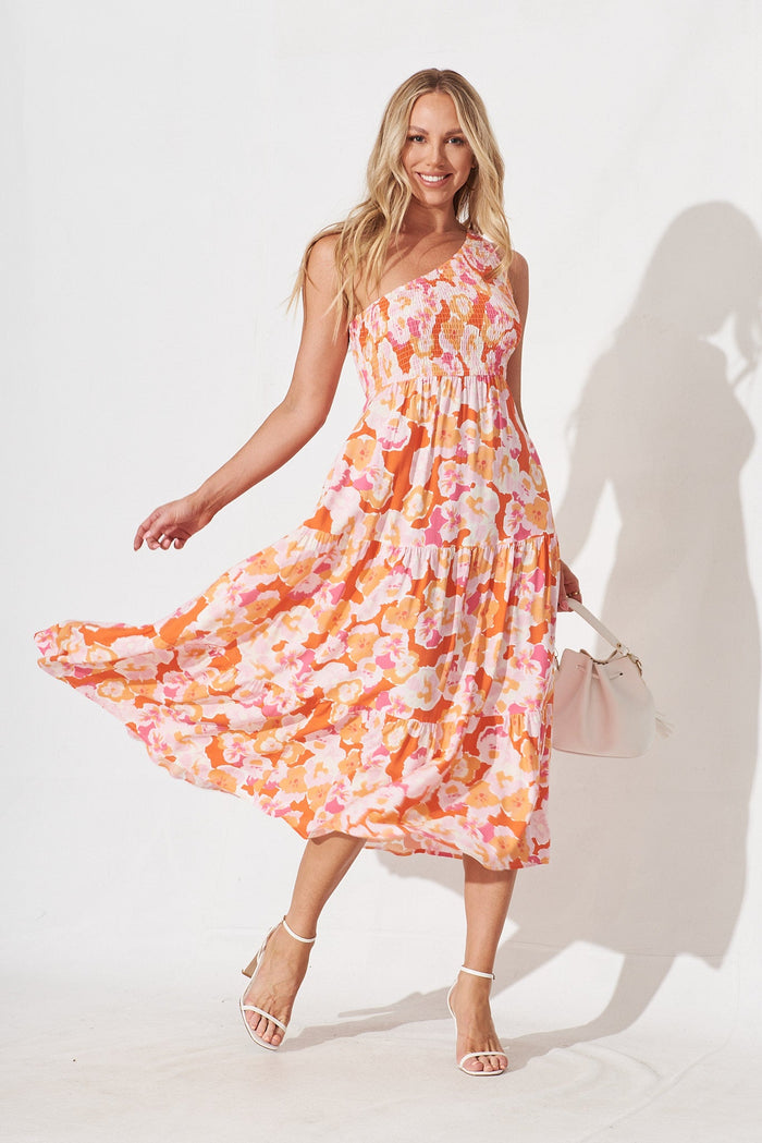 Hanny One Shoulder Midi Dress In Tangerine With Pink Floral - full length