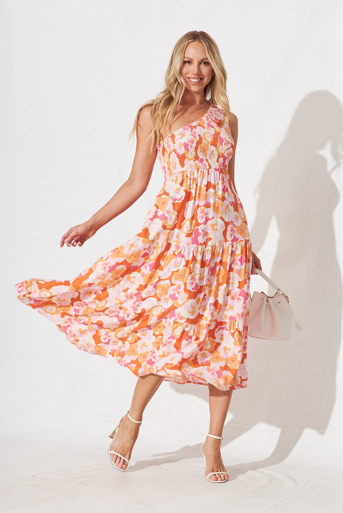 Hanny One Shoulder Midi Dress In Tangerine With Pink Floral - full length