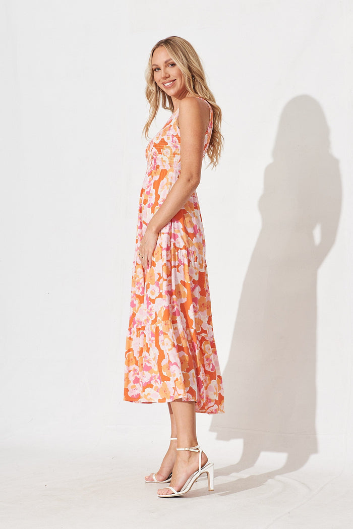 Hanny One Shoulder Midi Dress In Tangerine With Pink Floral - left side