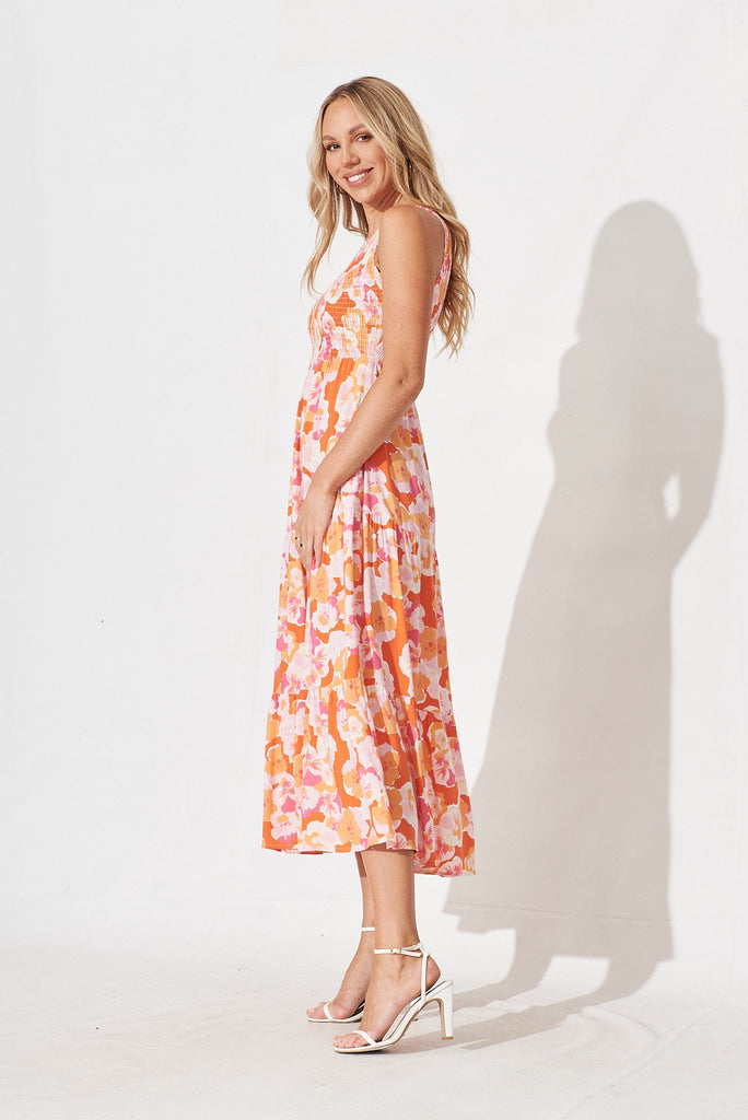 Hanny One Shoulder Midi Dress In Tangerine With Pink Floral - left side