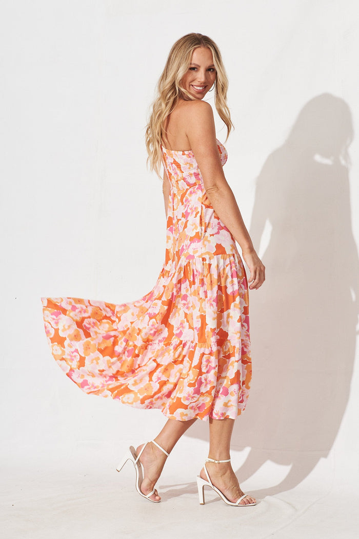 Hanny One Shoulder Midi Dress In Tangerine With Pink Floral - right side