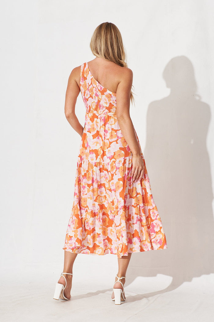 Hanny One Shoulder Midi Dress In Tangerine With Pink Floral - back