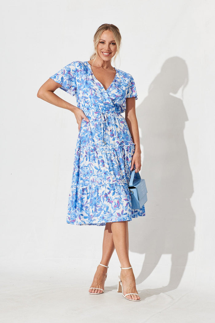 Bari Midi Dress In White With Blue Purple Floral - St Frock (Dev)