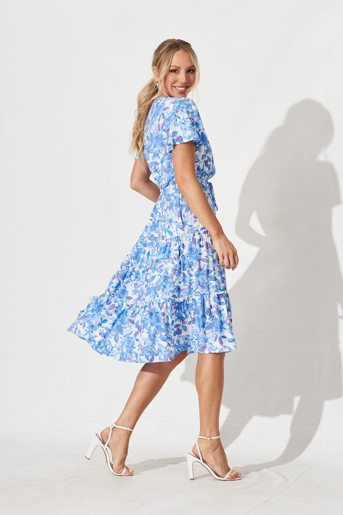 Bari Midi Dress In White With Blue Purple Floral - St Frock (Dev)