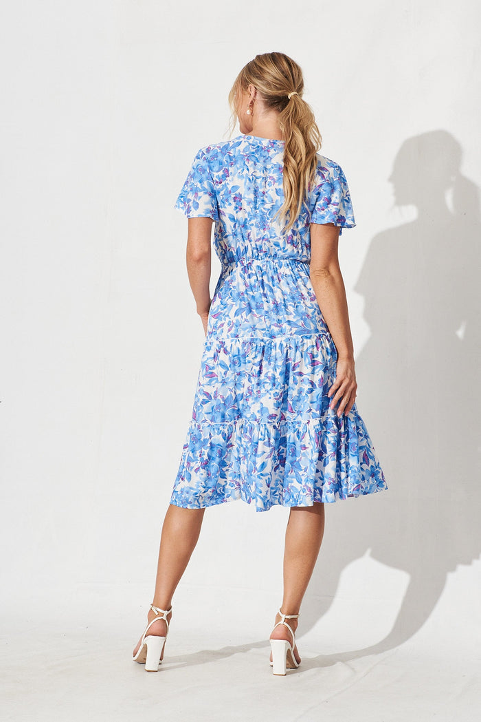 Bari Midi Dress In White With Blue Purple Floral - St Frock (Dev)
