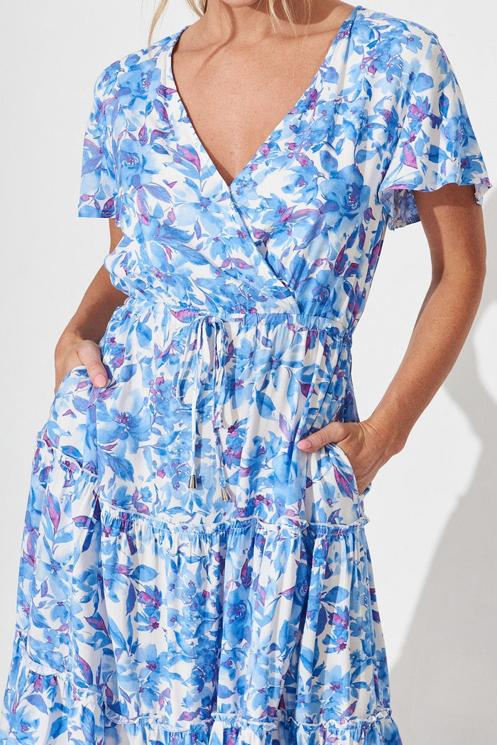 Bari Midi Dress In White With Blue Purple Floral - St Frock (Dev)